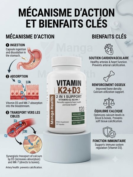 Vitamin K2 + D3 (2 in 1 Support) - Manga Health® - 120 Capsules