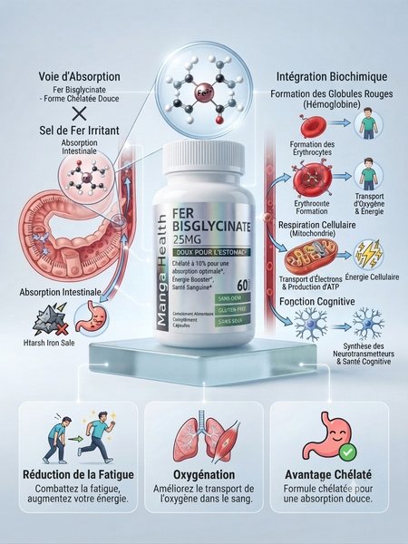 Bisglycinate de Fer 25 mg - Manga Health® - 60 Capsules Végétariennes