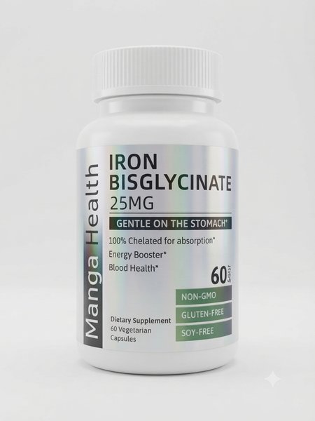 Bisglycinate de Fer 25 mg - Manga Health® - 60 Capsules Végétariennes